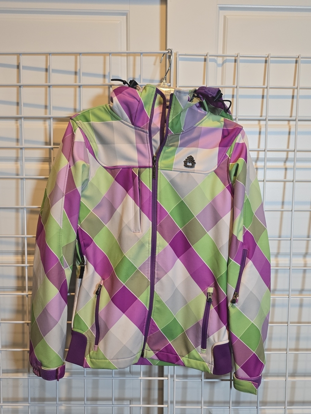 Empyre Purple, Green & Cream Plaid Hooded Womens Ski Jacket Size Small